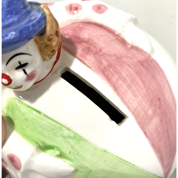 Vintage Collectible Piggy Bank Ceramic Clown on Circus Ball Colorful Whimsical - Picture 3 of 11